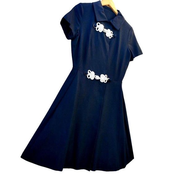 60s Black Dress Linen Wrap Soutache Ribbon Frog Buttons Union Label Size 8